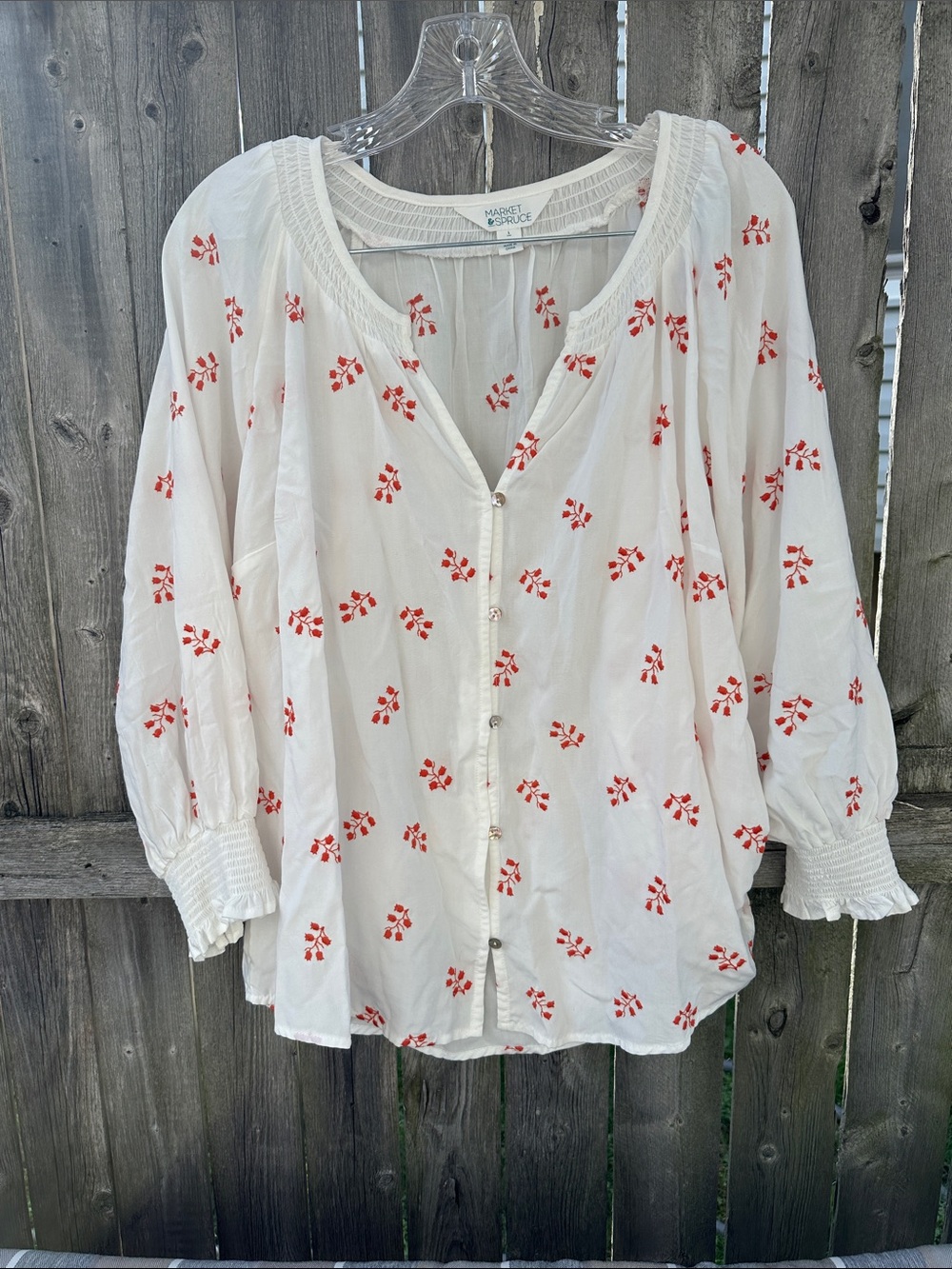 Market & Spruce White Button-Front Blouse with Red Floral Motif